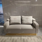 Luxury Light Gray Leather & Teal Velvet Sofa Set with Brand-Embossed Cushions & Gold Stainless Steel Base